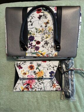Dasein Floral Satchel Handbag Wristlet Strap Set